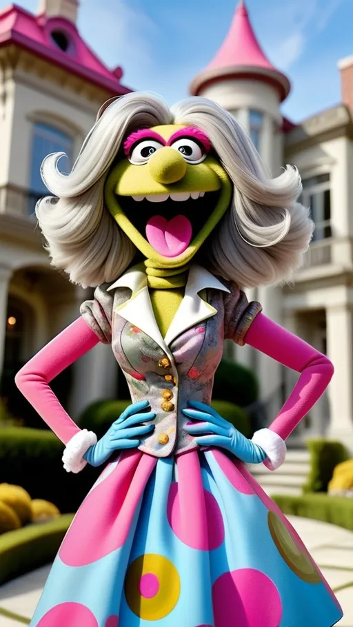 Prompt: head to toe view, Extreme long view,, Muppet theme, vibrant, ultra-detailed, Muppet Show style, standing in front of a mansion, Muppet laughing gesturing granny monster, gray hair. The overall style is Springtime modern, whimsical, and full of life,.  BG modern style mansion theme sky blue background contrasts with hot pink and goldenrod abstract circles