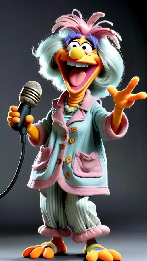 Prompt: Fraggle Rock style, Fraggle laughing granny muppet, gesturing holding a microphone, BG Fraggle Rock Springtime, extreme long view, full body, 