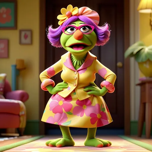 Prompt:  3D Animation, kawaii, grandma muppet, age 50, hand on hip, full body, extreme long view, wearing buttercup printed outfit, looking intolerant and annoyed, vibrant 