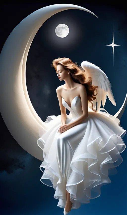 Prompt: Extreme long view a beautiful modern contemporary prayerful angel seated upon crescent moon wearing a beautiful flowing white ball gown 