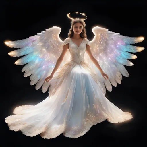 Prompt: Create Beautiful woman, a lovely (((smiling angel))), with two perfect symmetrical hands, sitting on cloud wearing a long dress, wearing beautiful glittering shoes, showing her full body and wingspan, symmetrical and glistening wings outstretched, masterfully rendered in exquisite detail, showcasing intricate textures, and an, ethereal ambiance, with luminous lighting, and a silent, iridescent glow, with a mix of realism and fantasy, blending traditional and digital media, in a highly detailed, high-resolution image, with a shallow depth of field, and a subtle bokeh effect, set against a dreamy, outer space backdrop