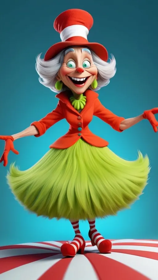 Prompt: 3D animation, dancing laughing seussical granny in whoville extreme long view 