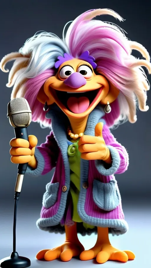 Prompt: Fraggle Rock style, vibrant Fraggle laughing granny muppet, gesturing holding a microphone, BG Fraggle Rock winter, extreme long view, full body, 