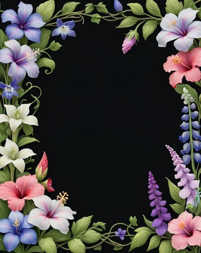 Prompt: Create a background with mostly blank space in the middle surrounded by a subtle small whimsical border of small flowers with vines, textured, hibiscus, bluebells, wild garlic, Lupine, Allium, Hollyhocks, Foxglove, Delphiniums, Phlox, black background, 