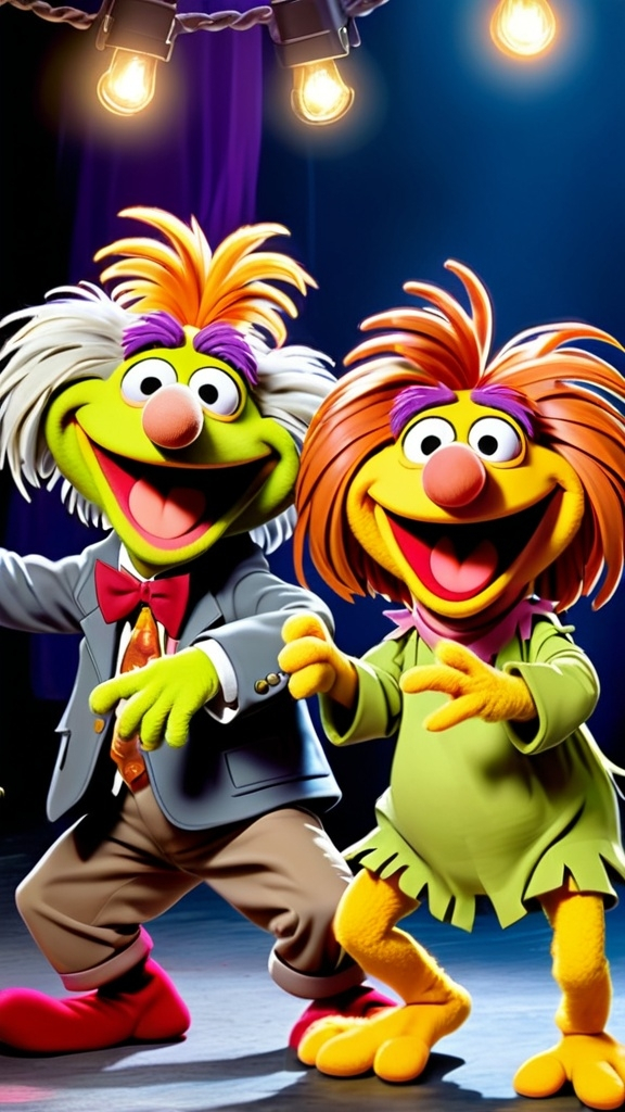 Prompt: Fraggle Rock style theme Digital painting 2 smiling Fraggle Rock granny muppets dancing (((dancing with a smiling Fraggle Rock grandpa))), BG Fraggle Rock 