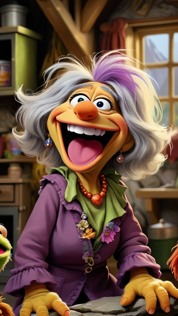 Prompt: Fraggle Rock style, digital painting, (((laughing granny muppet)))  BG inside a Fraggle Rock house 