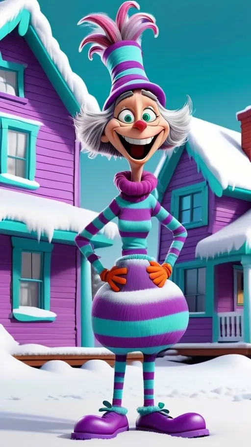 Prompt: Full head to toe view, standing in front of large house Dr Seuss style, giggling granny Seuss wearing bright purple with teal stripes 3D animation in BG whoville winter theme snow covered house, extreme long view, head to toe 