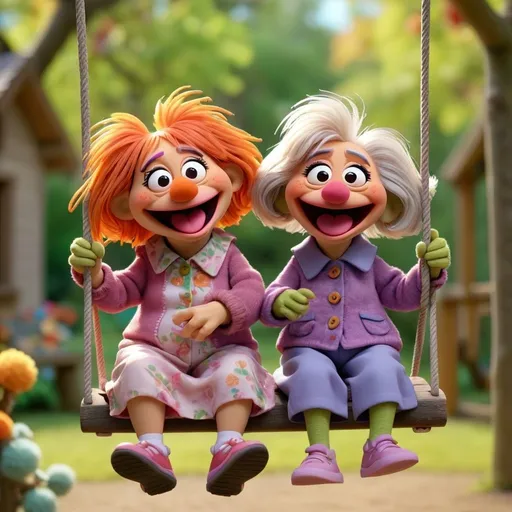 Prompt: 3D animation, kawaii, 2 very old grandma multinational Fraggle Rock character Muppet best friends, on a swing set, totally cute and adorable, very fun and cheerful