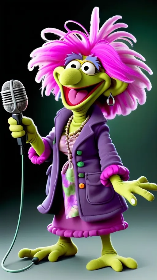 Prompt: Fraggle Rock style, Fraggle laughing granny muppet, wearing green and magenta gesturing holding a microphone, BG Fraggle Rock winter, extreme long view, full body, 