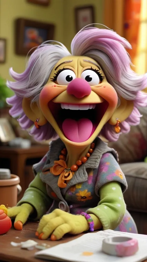 Prompt: 3D animation, kawaii, fraggle rock muppet granny, laughing, in her messy living room 