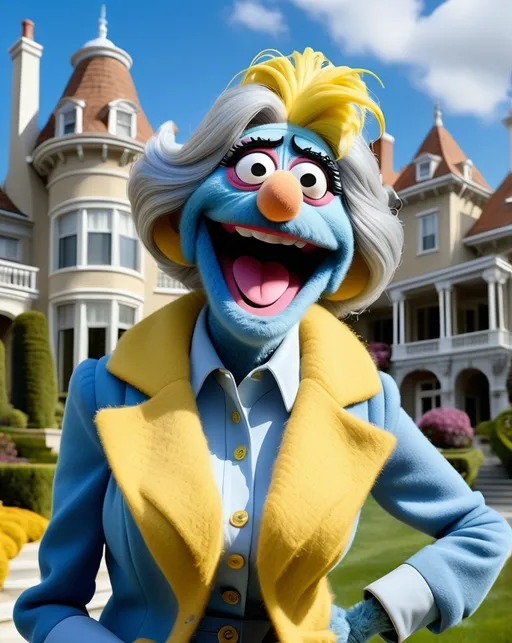 Prompt: head to toe view, Extreme long view, Muppet theme, vibrant, ultra-detailed, Muppet Show style, standing in front of a mansion, Muppet laughing gesturing granny monster, gray hair. The overall style is Springtime modern, whimsical, and full of life,.  BG mansion, sky blue, dodger blue, light blue, goldenrod yellow 
