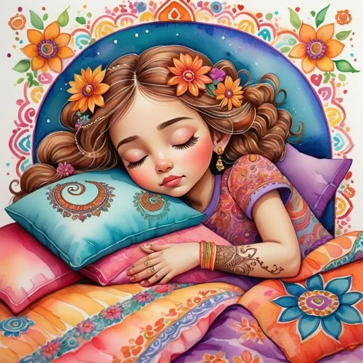 Prompt: Kawaii watercolor of a precious 5 year old girl sleeping in bed decorated with Henna art inspired patterns, embellishments and Flourishes, bright vibrant colors, Highly detailed, popping vibrant colors, Gradient Colors, Intricate details, Highly textured, flowing with flowers and hearts, spiritual symbols of mandalas with Hindu, Buddhist, Jainism, Shinto, Bengali, Celtic, and Arabic geometric and whimsical patterns, extremely cute, whimsical playful, quirky, charming, enchanting, imaginative, capricious, fantastical, amusing, lighthearted, fanciful, Laura Ashley style 