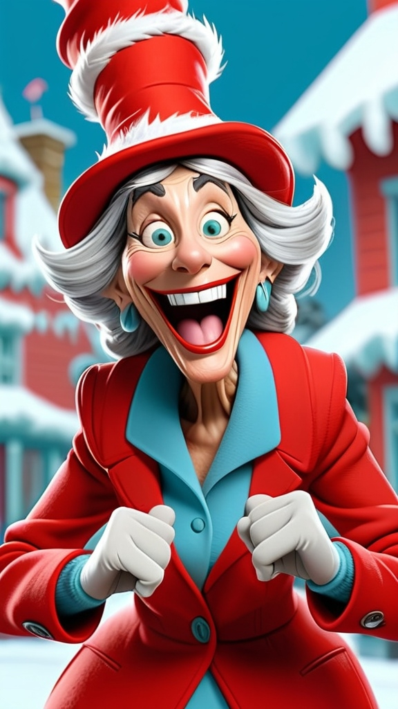 Prompt: Dr Seuss style Dr Seuss laughing granny gesturing 3D animation in BG seussical winter theme, full body, extreme long view 