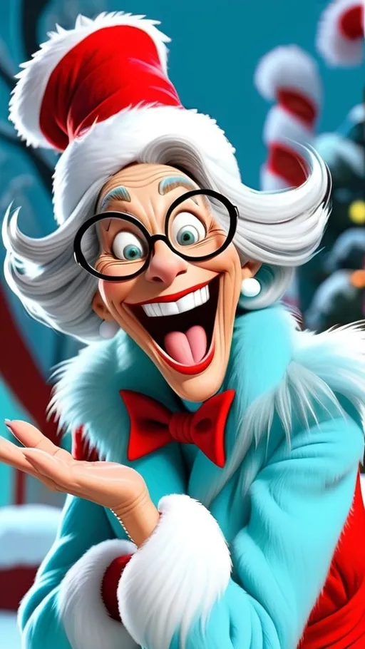 Prompt: Dr Seuss style Dr Seuss laughing granny gesturing 3D animation in BG seussical winter theme 