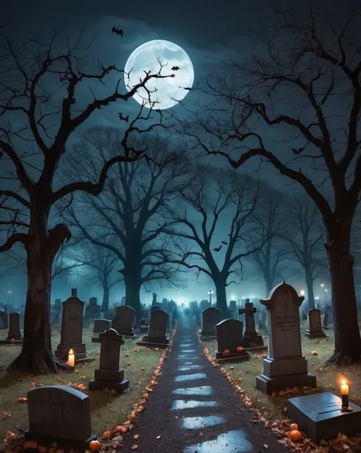Prompt: Spooky cemetery at midnight with bare trees and bats 