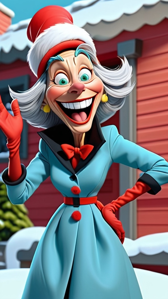 Prompt: Dr Seuss style Dr Seuss laughing granny gesturing 3D animation in BG seussical winter theme, full body, extreme long view 