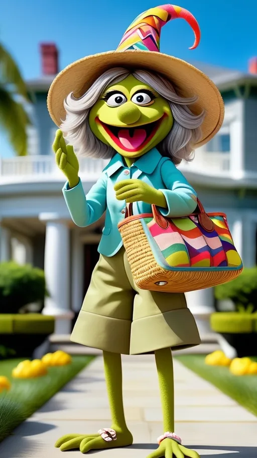 Prompt: head to toe view, Extreme long view,, Muppet theme, vibrant, ultra-detailed, Muppet Show style, standing in front of a mansion, Muppet laughing gesturing granny monster, gray hair. The overall style is Springtime modern, whimsical, and full of life,.  BG modern style mansion beach bag on shoulder, straw hat, holding a piña colada cocktail 