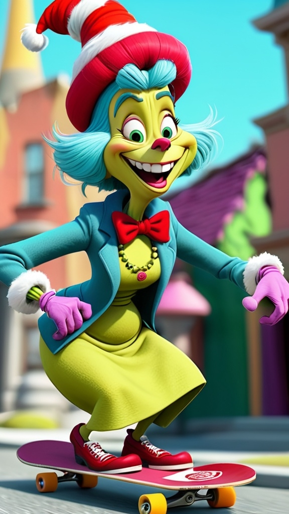 Prompt: 3D animation, (((laughing proletariat whoville granny))), skateboarding in whoville