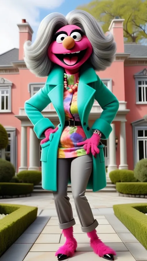 Prompt: head to toe view, Extreme long view,, Muppet theme, vibrant, ultra-detailed, Muppet Show style, standing in front of a mansion, Muppet laughing granny monster, gray hair. The overall style is Springtime modern, whimsical, and full of life,.  BG modern style mansion 
