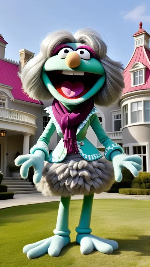 Prompt: head to toe view, Extreme long view, Muppet theme, vibrant, ultra-detailed, Muppet Show style, standing in front of a mansion, Muppet laughing gesturing granny monster, gray hair. The overall style is Springtime modern, whimsical, and full of life,.  BG mansion