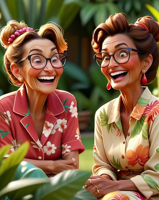 Prompt: 2 old ladies of different cultures, ethnic backgrounds with joyful looks on their faces, they have the look on their faces like they enjoying being with each other. wearing Tommy Bahama clothes, messy hair up in a bun, bifocal glasses on, sitting in the garden deep in conversation 
