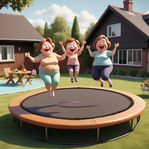 Prompt: 3D animation, 2 grandmas with brown hair a little overweight, happily jumping on trampoline, extreme long view of entire trampoline, can see a barbecue off to the right and a picnic table to the left, a patio in front and a swimming pool behind 