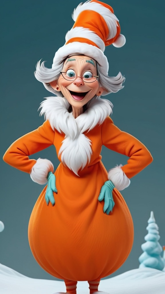 Prompt: Dr Seuss style, laughing granny Seuss gesturing wearing orange 3D animation in BG whoville winter theme, full body, extreme long view 