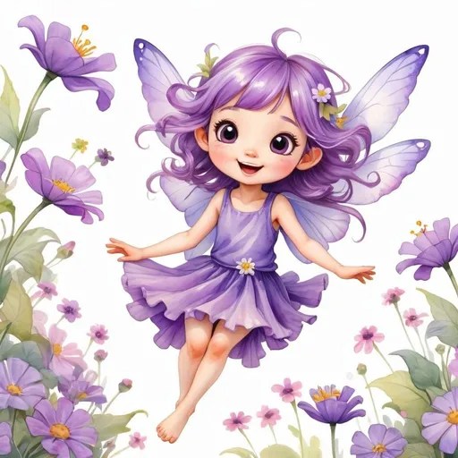Prompt: Watercolor, kawaii, fairy age 5, wearing purple, flying happily over some adorable flowers, full body, extreme long view