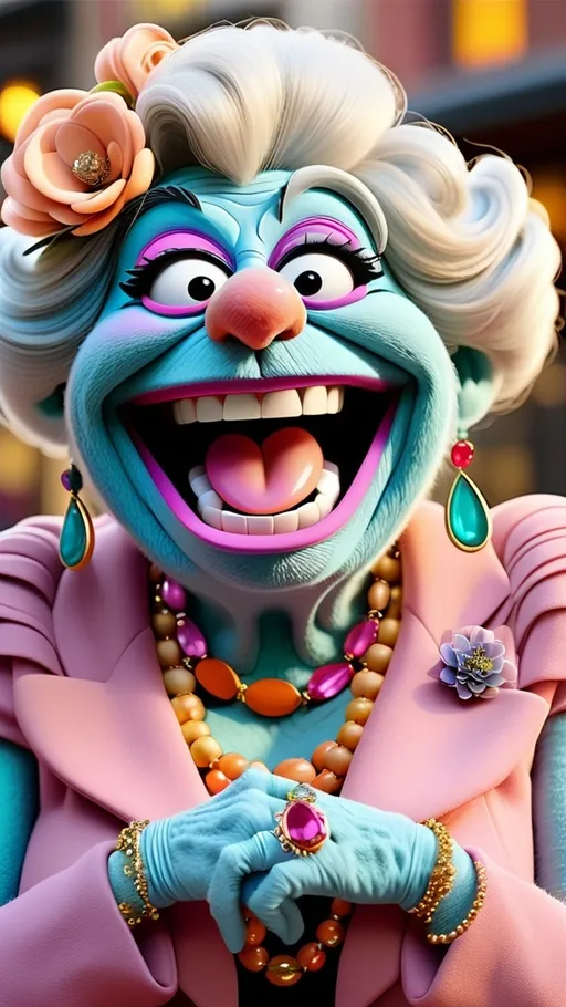 Prompt: Muppet theme, vibrant, ultra-detailed, Extreme long view, full body,  Muppet Show style, 2 Muppet laughing granny monster gesturing, beaming with joy, their faces etched with deep laugh lines and bright, sparkling eyes. adorned with statement jewelry such as bold necklaces and earrings that catch the light. exuding warmth and camaraderie, as they share a heartfelt, uplifting moment. The colors are rich and harmonious, with soft pastels and earthy tones that evoke a sense of coziness and playfulness. The overall style is modern, whimsical, and full of life, with bold lines and delicate textures that create a sense of energy.  