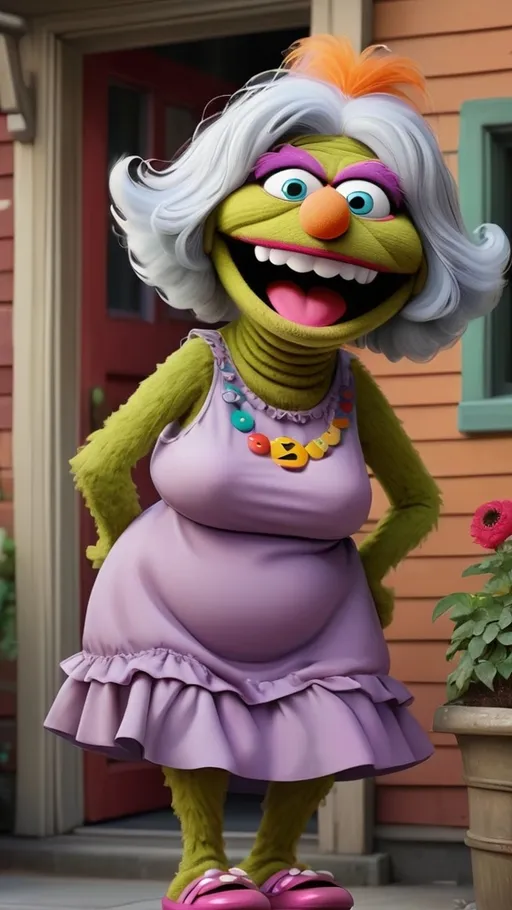 Prompt: Sesame Street style, digital painting, (((laughing granny monster muppet))) wearing a very tight dress,  BG inside a Sesame Street house 