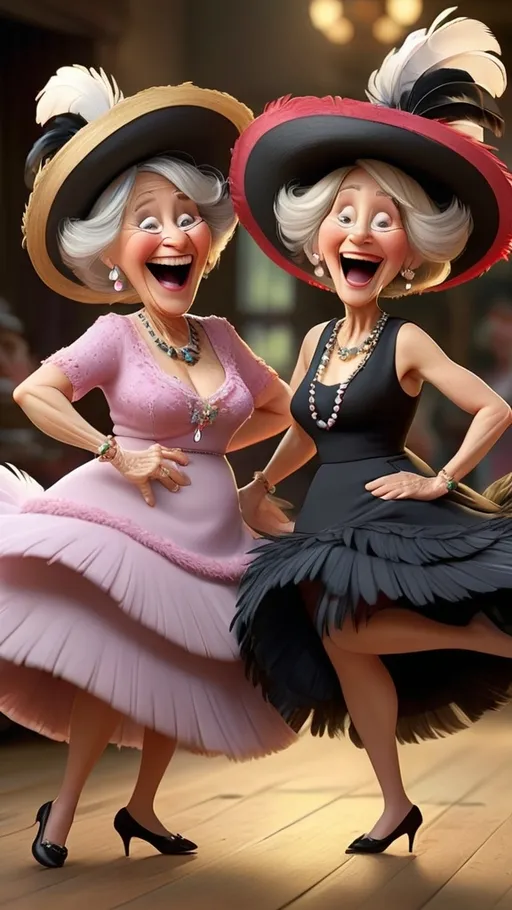 Prompt: Long view, full body, Humorous Pixar Movie image hyper-realistic, 3D Animation, two grannies laughing, one has blonde hair, one has black hair. Wearing large hats with feathers, necklaces, earrings, dresses. Doing the can-can dance.