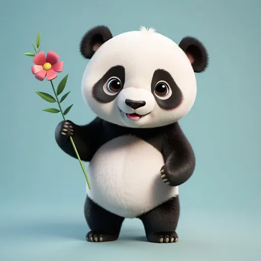 Prompt: 3D Animation, kawaii, a giant panda holding a long stem flower, full body, extreme long view