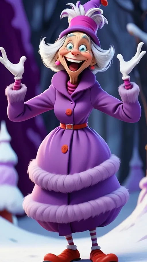 Prompt: Dr Seuss style, laughing granny Seuss gesturing wearing purple 3D animation in BG whoville winter theme, full body, extreme long view 