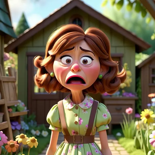 Prompt: 3D animation, kawaii, grandma Abbey muppet with brown hair, spring time dress walking into the garden shed with a (((confused look on her face gesturing as if to say I don’t know)))
