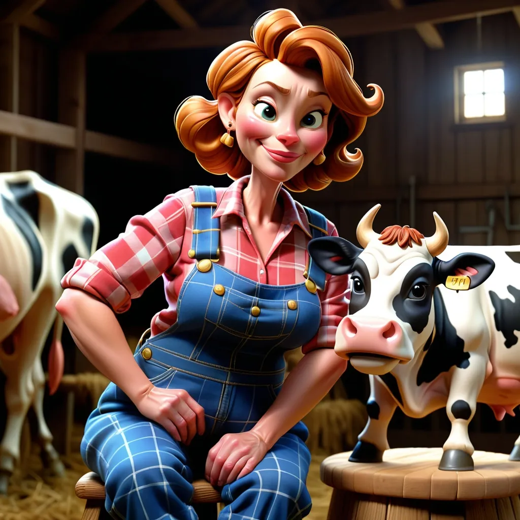 Prompt: (((3D animation))), woman, age 50, wrinkles, wearing overalls and plaid shirt, sitting on cow milking stool petting cow, look of contentment, fat happy cat sitting nearby