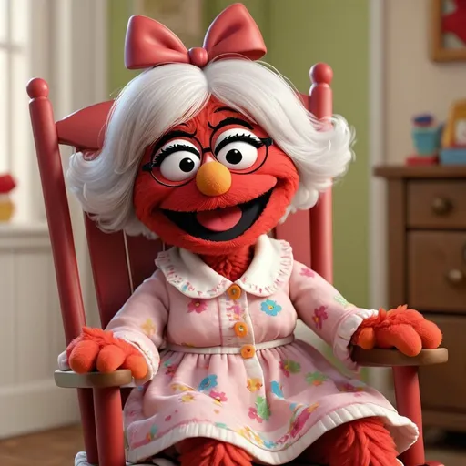 Prompt: 3D animation, kawaii, Grandma Elmo Muppet, smiling, sitting in a rocking chair