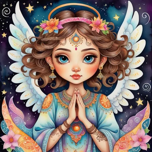 Prompt: Kawaii watercolor of an angel in the galactic night sky decorated with Henna art inspired patterns, embellishments and Flourishes, bright vibrant colors, Highly detailed, popping vibrant colors, Gradient Colors, Intricate details, Highly textured, spiritual symbols of mandalas with Hindu, Buddhist, Jainism, Shinto, Bengali, Celtic, and Arabic geometric and whimsical patterns, extremely cute, whimsical playful, quirky, charming, enchanting, imaginative, capricious, fantastical, amusing, lighthearted, fanciful