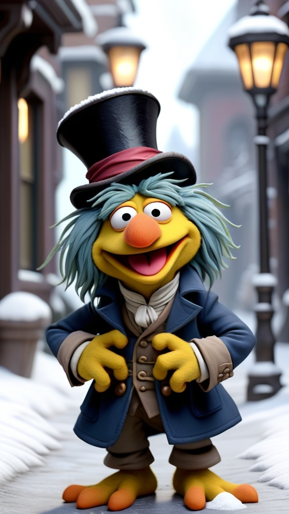 Prompt: 3D animation, kawaii, (((grumpy fraggle rock muppet Scrooge))), a snowy Victorian street