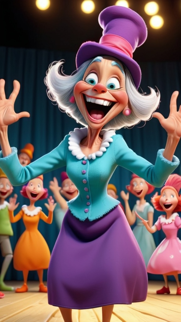 Prompt: 3D animation, dancing hands up in the air laughing seussical granny in whoville extreme long view Detailed, 4k, HDR