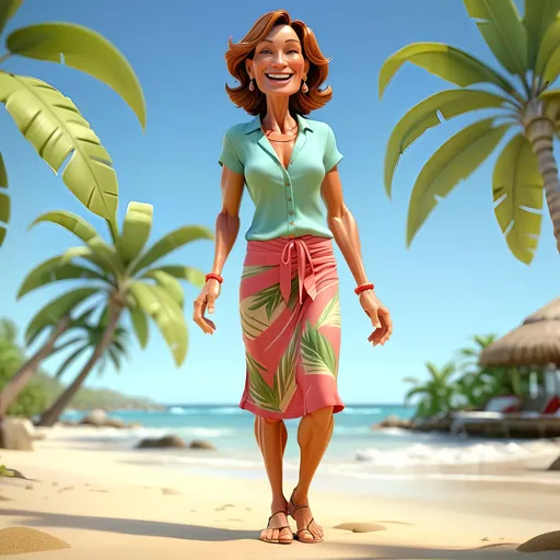 Prompt: Full Body, 3D Animation, woman, age 50, with wrinkles, joyful, full body, Tommy Bahama