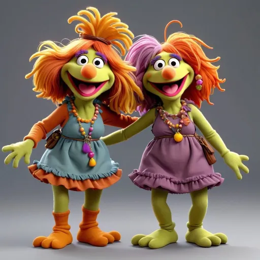 Prompt: 3D Animation, Fraggle Rock two best friends female characters muppet smiling, middle aged, shapely and curvy, very cute and pretty, full body, extreme long view
