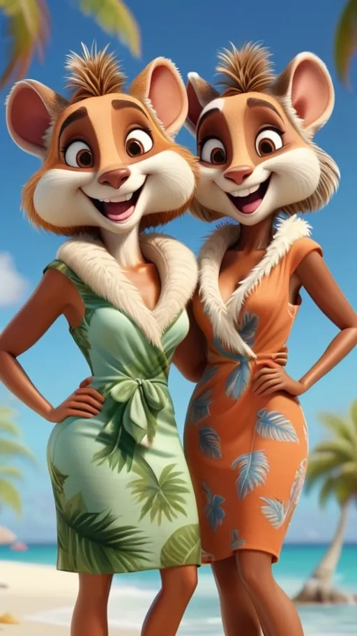 Prompt: 3D animation, 2 comical female animals wearing Tommy Bahama dresses, all skin covered with fur, gathered together, smiling