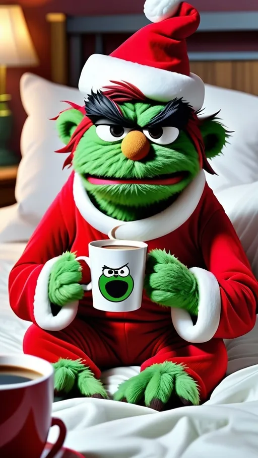 Prompt: Very detailed Christmas Sesame Street style Digital painting a scowling angry grouchy grumpy Sesame Street Oscar the grouch monster Muppet Christmas pajamas in bed (((holding coffee cup with whipped cream on top))) BG Christmas trash in bedroom