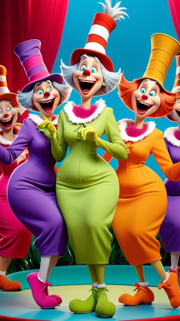 Prompt: 3D animation, (((2 laughing dancing seussical grannies))), in whoville