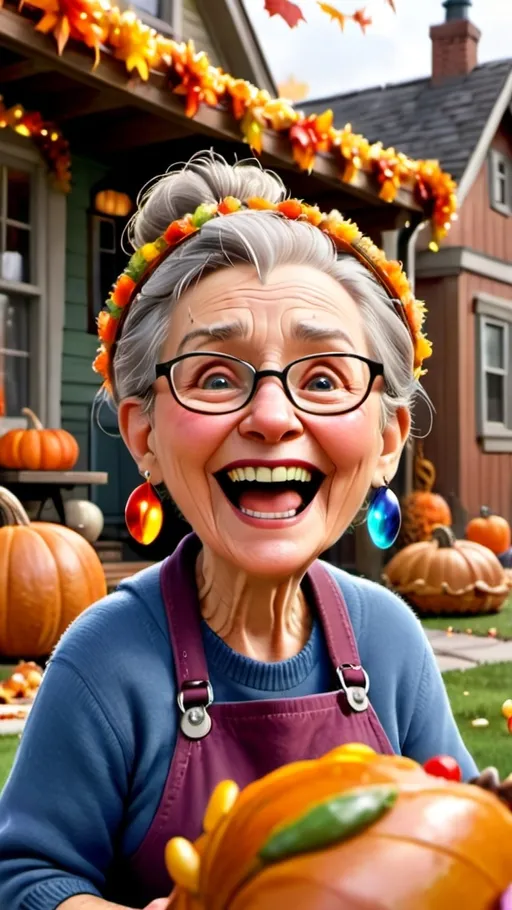 Prompt: Vibrant, Humorous Pixar Movie image hyper-realistic, 3D Animation, foreground contains laughing granny with a messy bun dressed very modern  and fashionable. background has outside of an old house decorated for thanksgiving with garland containing turkeys, pilgrims, native Americans, cornucopias, foliage, pie, corn, acorns. 