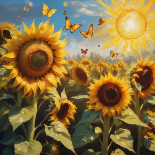 Prompt: Textured 8K 300DPI oil painting ultra-realism background vibrant sunflowers with yellow and green and brown butterflies flying in the sky; background vibrant sun shining light sprinkles in sunflower garden
