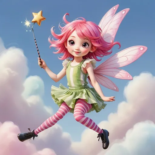 Prompt: Watercolor, kawaii, (((fairy age 5))) pink hair with a magic wand, striped tights, flying very high in the sky happily, (((full body))) extreme long view