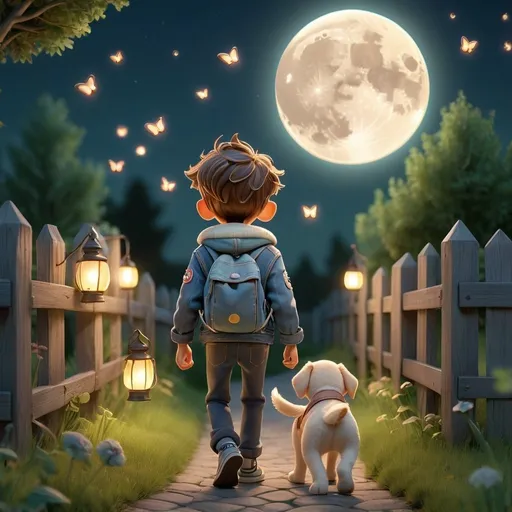 Prompt: 3D animation, surrealism, kawaii, boy walking with puppy, view from behind, age 5, holding lantern, denim jacket, backpack, night scene, full moon, grassy path, fences, fireflies, whimsical, dreamlike, pastel colors, enchanting lighting, high quality, detailed 3D animation, surreal, kawaii style, whimsical atmosphere, dreamy, charming