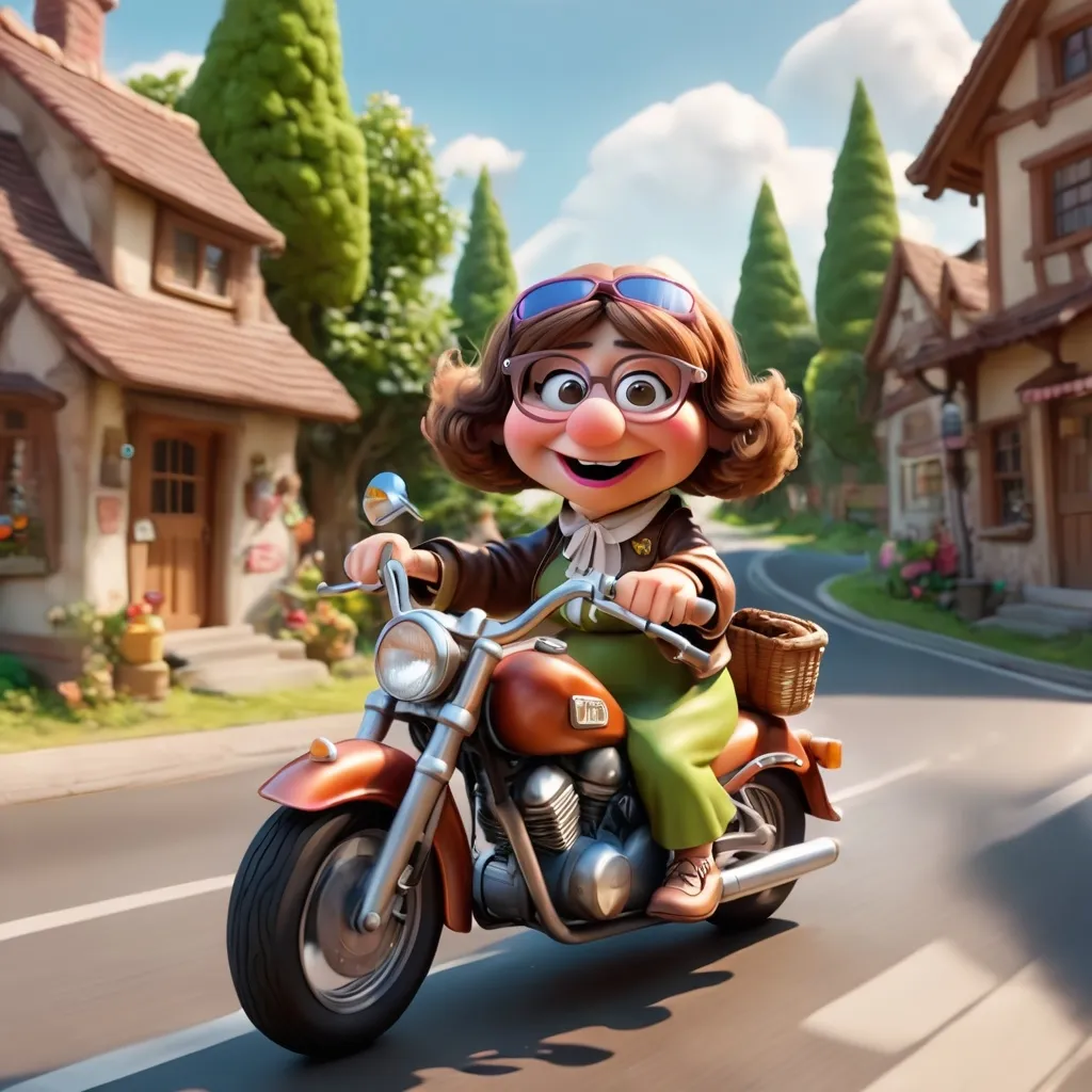 Prompt: 3D animation, kawaii, grandma Abbey muppet with brown hair, driving a motorcycle, very joyful and funny, highly detailed