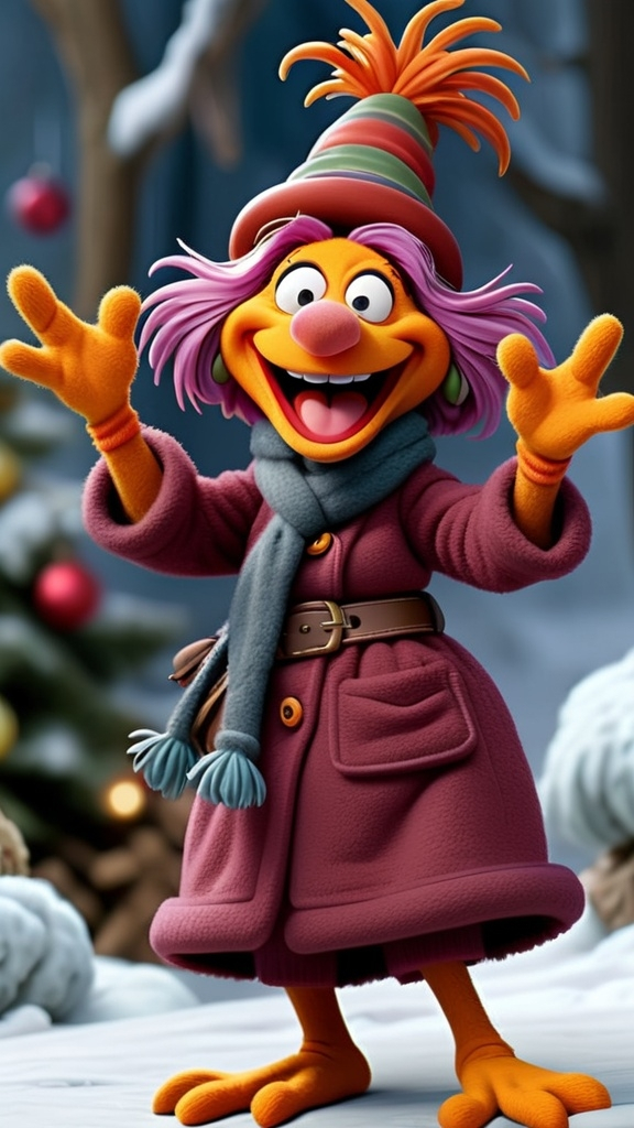 Prompt: Fraggle Rock style Fraggle  laughing granny gesturing 3D animation in BG Fraggle winter theme, full body, extreme long view 